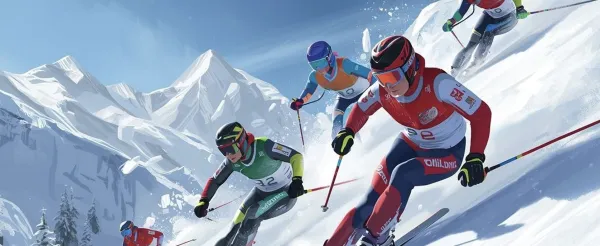Artistic graphic of skiers racing down slope with snowy mountains in background
